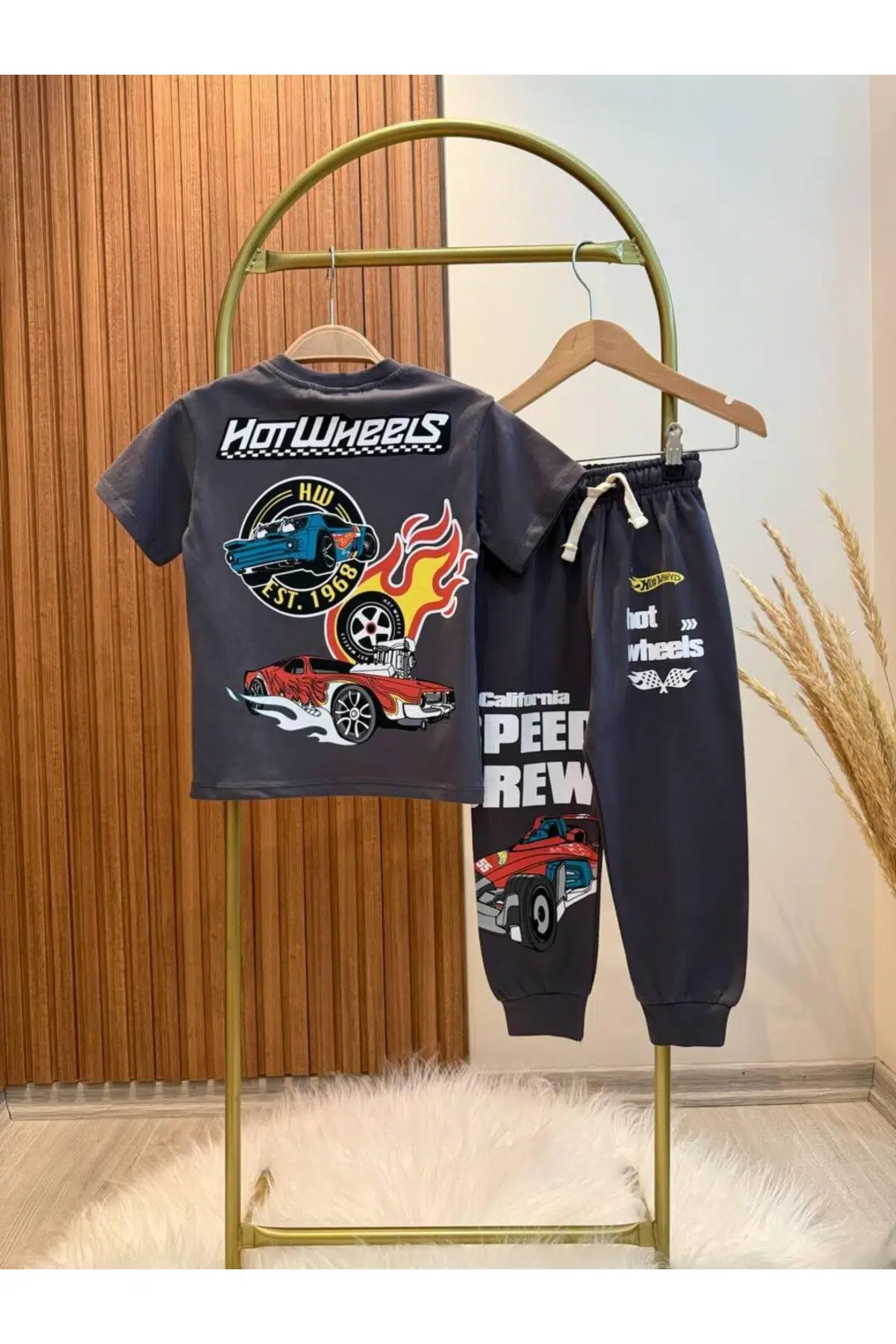 Erkek Çocuk Hotwheels Baskılı Tişört Eşofman Takımı - Gri