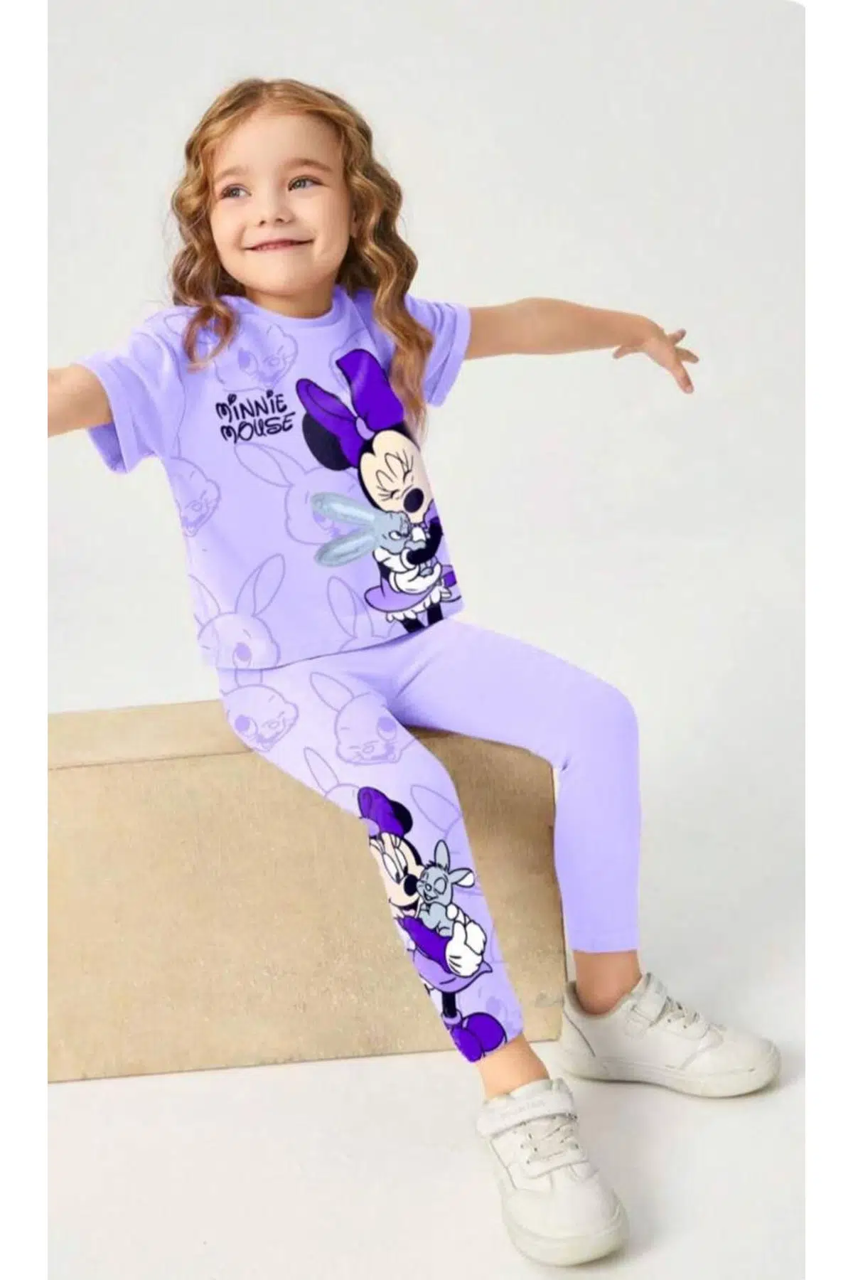 Lila Minnie Mouse Baskılı Nakışlı Tişört Tayt Alt Üst Takım