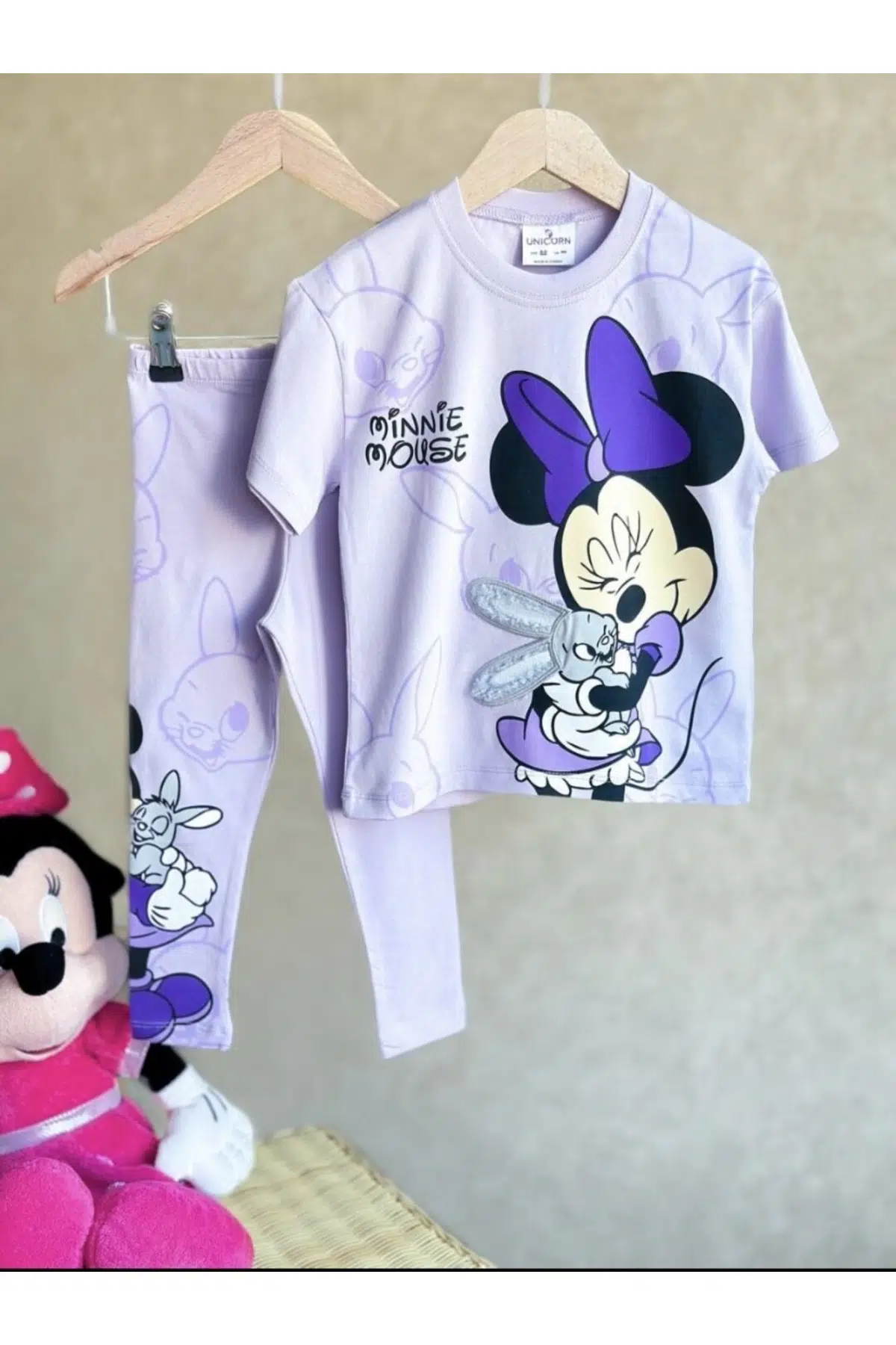 Lila Minnie Mouse Baskılı Nakışlı Tişört Tayt Alt Üst Takım - Lila