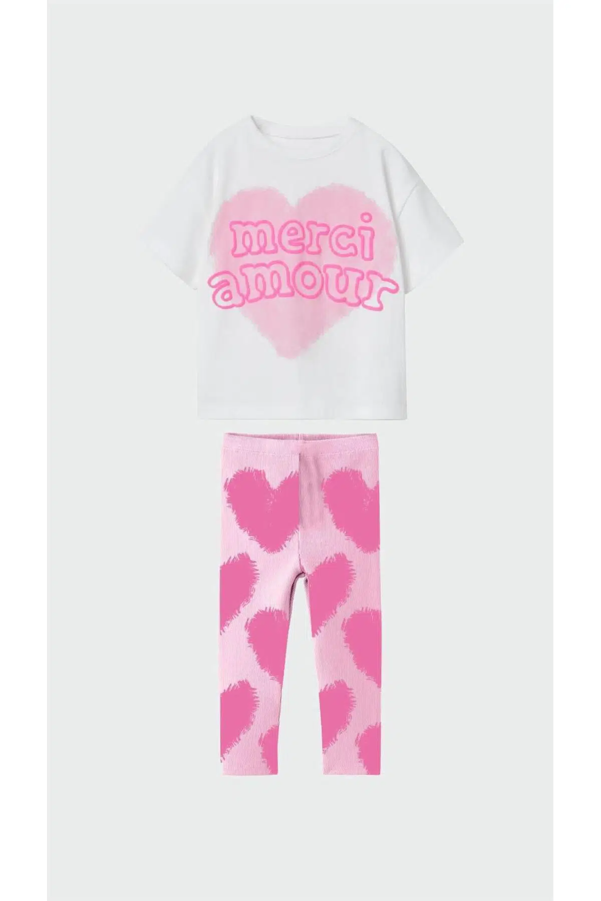 Merci Amour Baskılı Kalpli Tayt- Tshirt Kız Çocuk İkili Takım - Çok Renkli